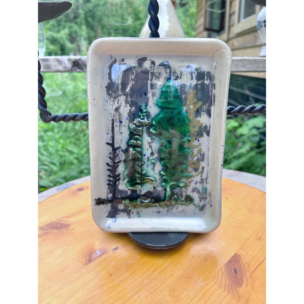 Vintage Ceramic Tray Unisex 7 Inch Green Abstract Pine Tree Studio Pottery